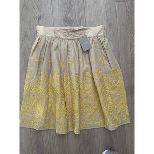 Anthropologie Beige & Yellow Embroidered Midi Skirt Medium Cotton Blend Made In